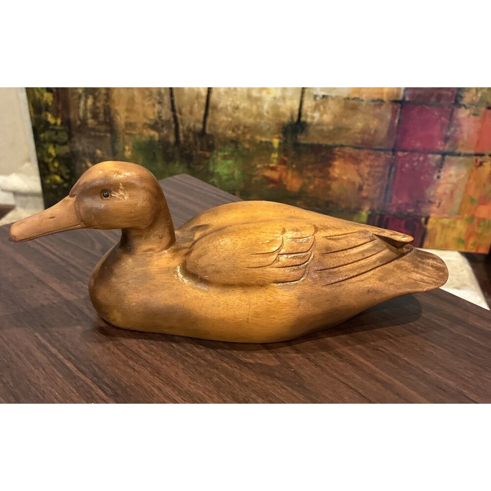 Vintage Solid Wood Duck Decoy Figurine Inset Glass Eyes Unsigned Folk Art 12"